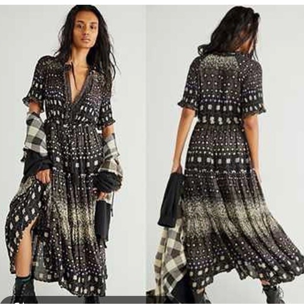 Free People Black and Cream Boho Printed Maxi Dress